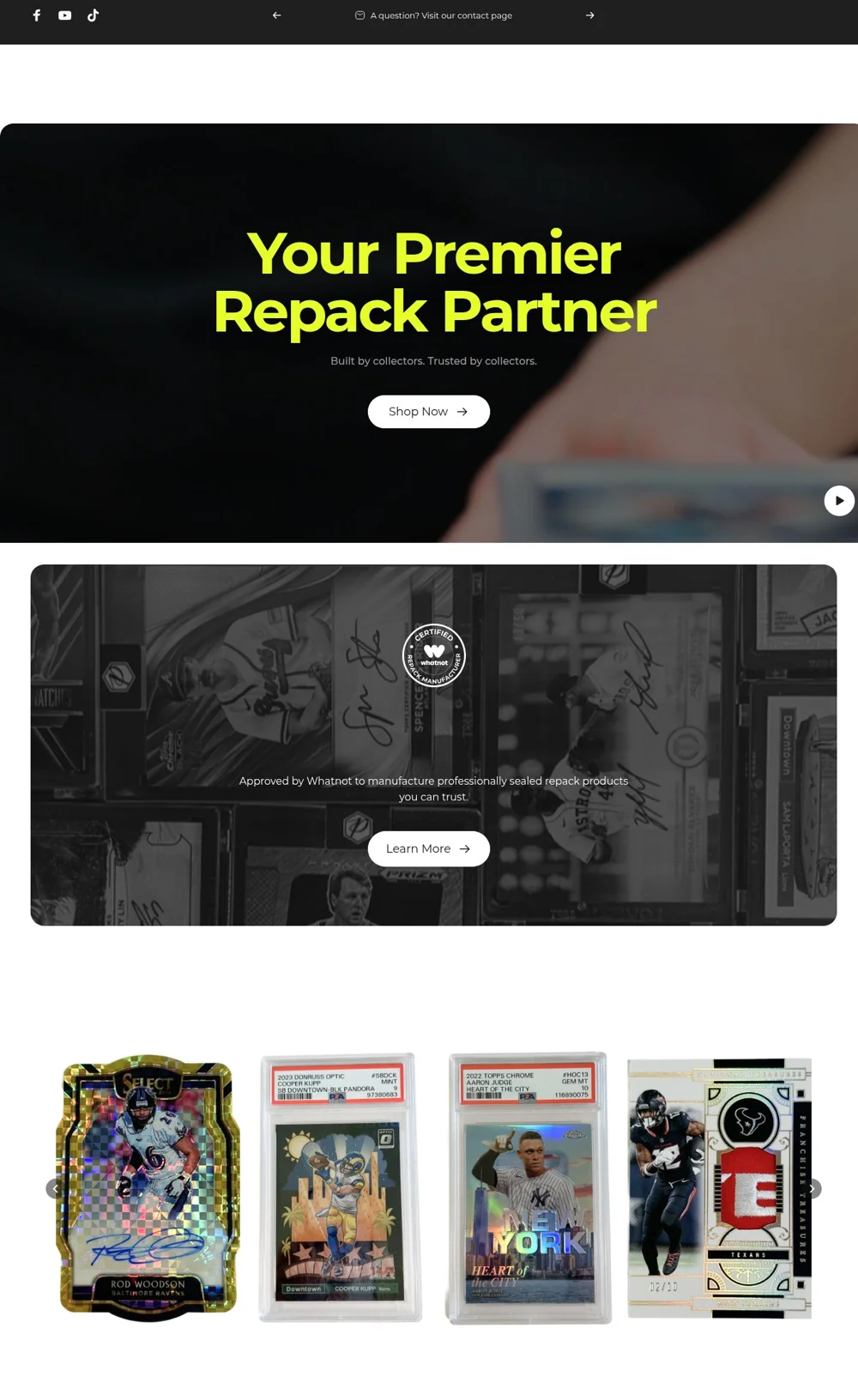 Selected homepage sections of Prime Sports Collectibles